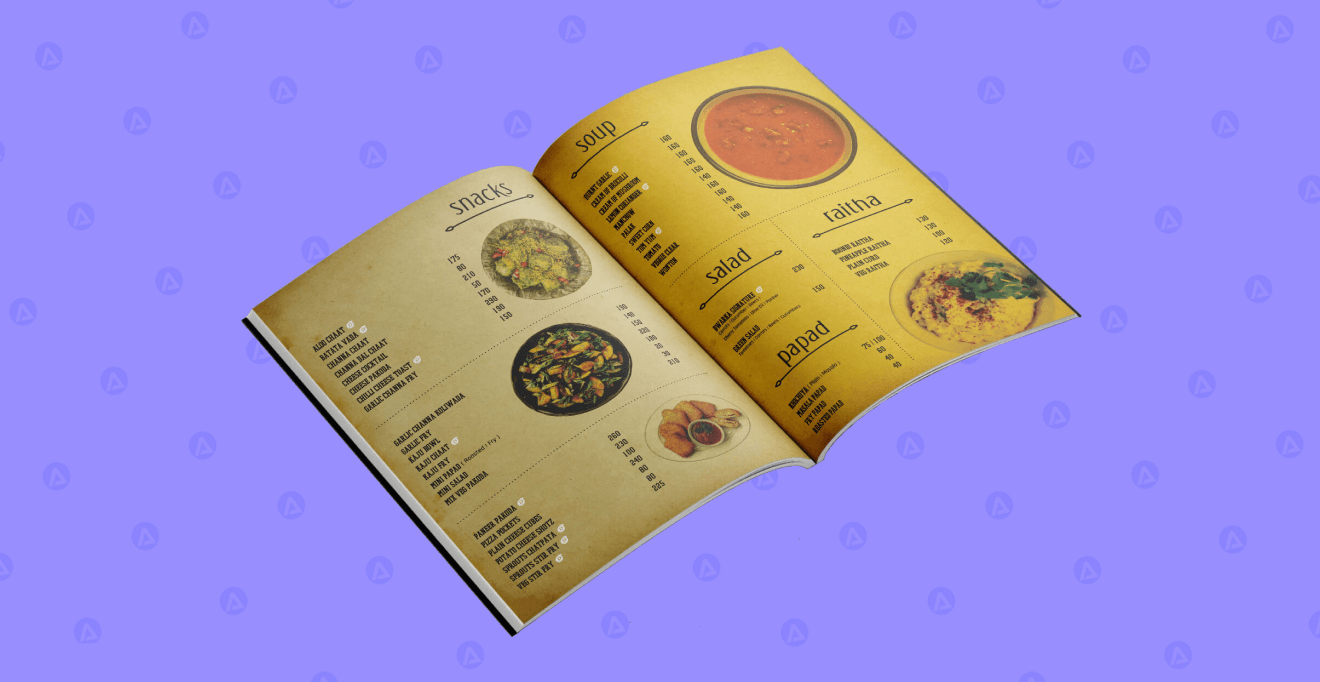 dwarka restaurant catalog snacks soup salad papad raitha menu page design