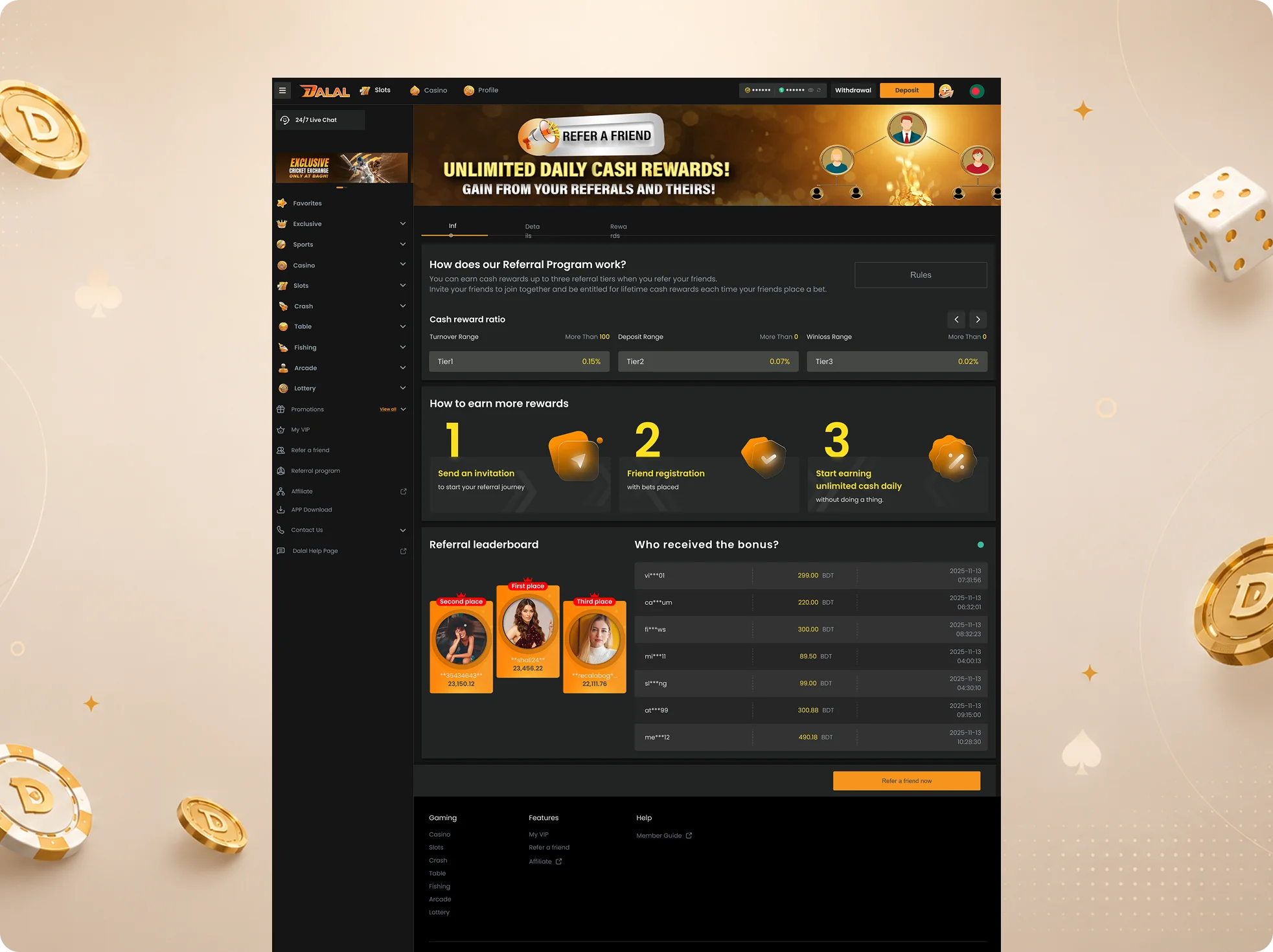Dalal unlimited daily cash rewards referral program