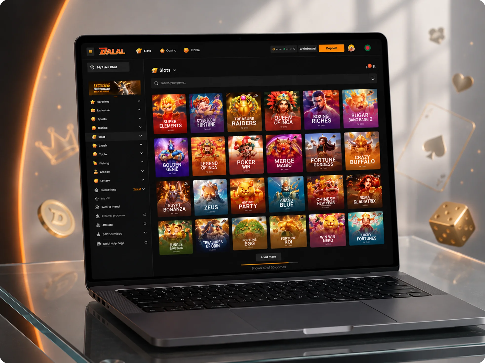Dalal colorful slots and games on laptop screen