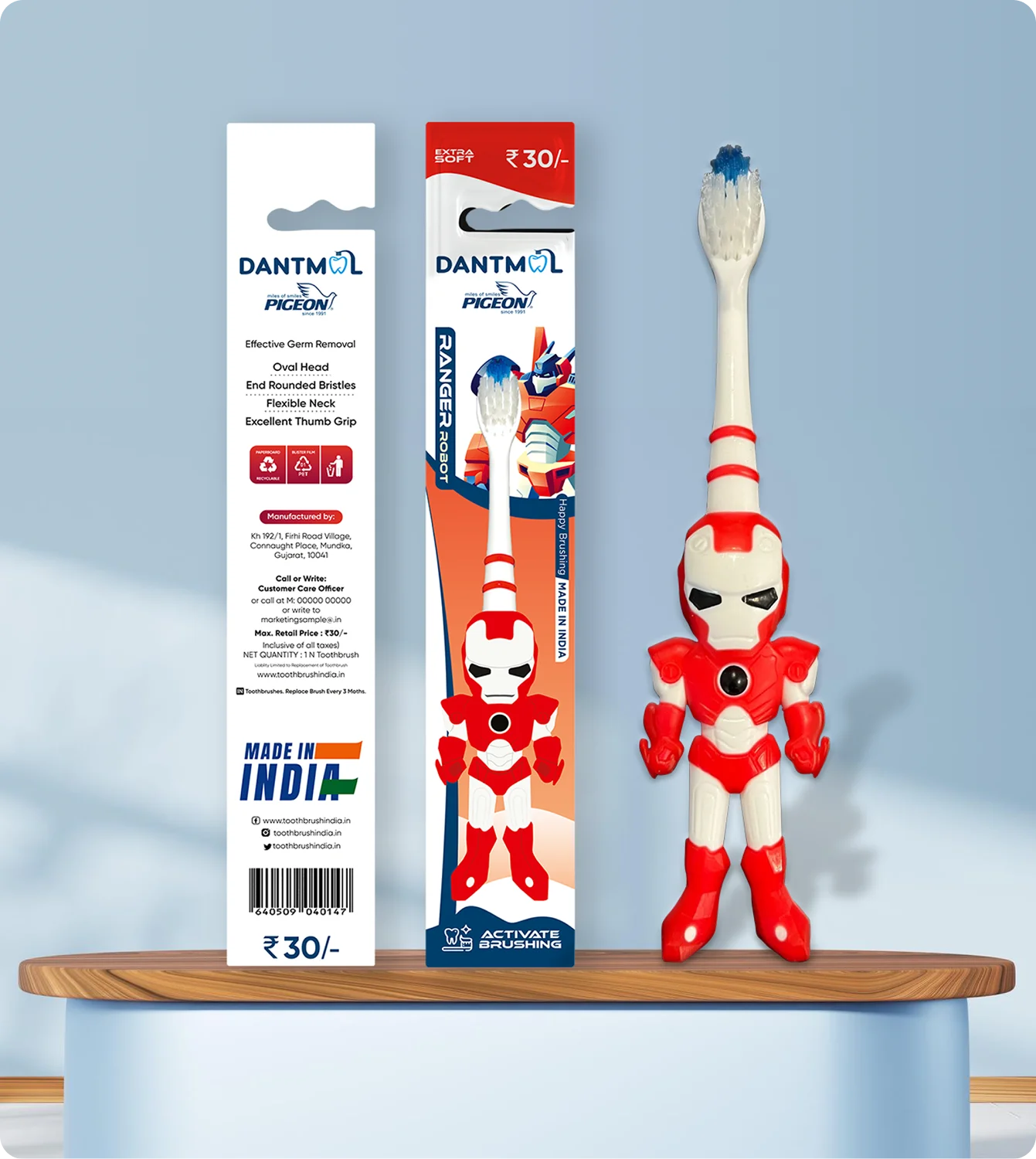 Dantmol Iron Man style character toothbrush with packaging