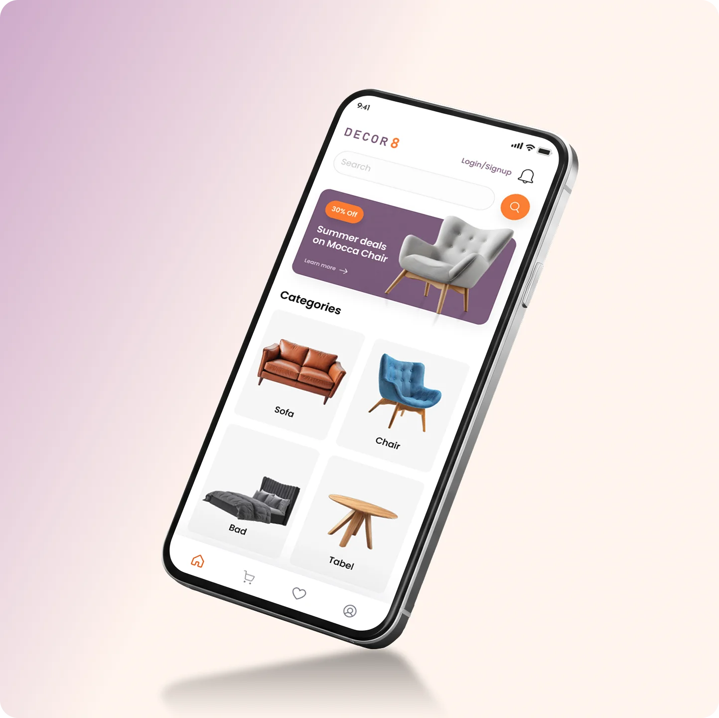 Decor 8 mobile app home page with furniture categories