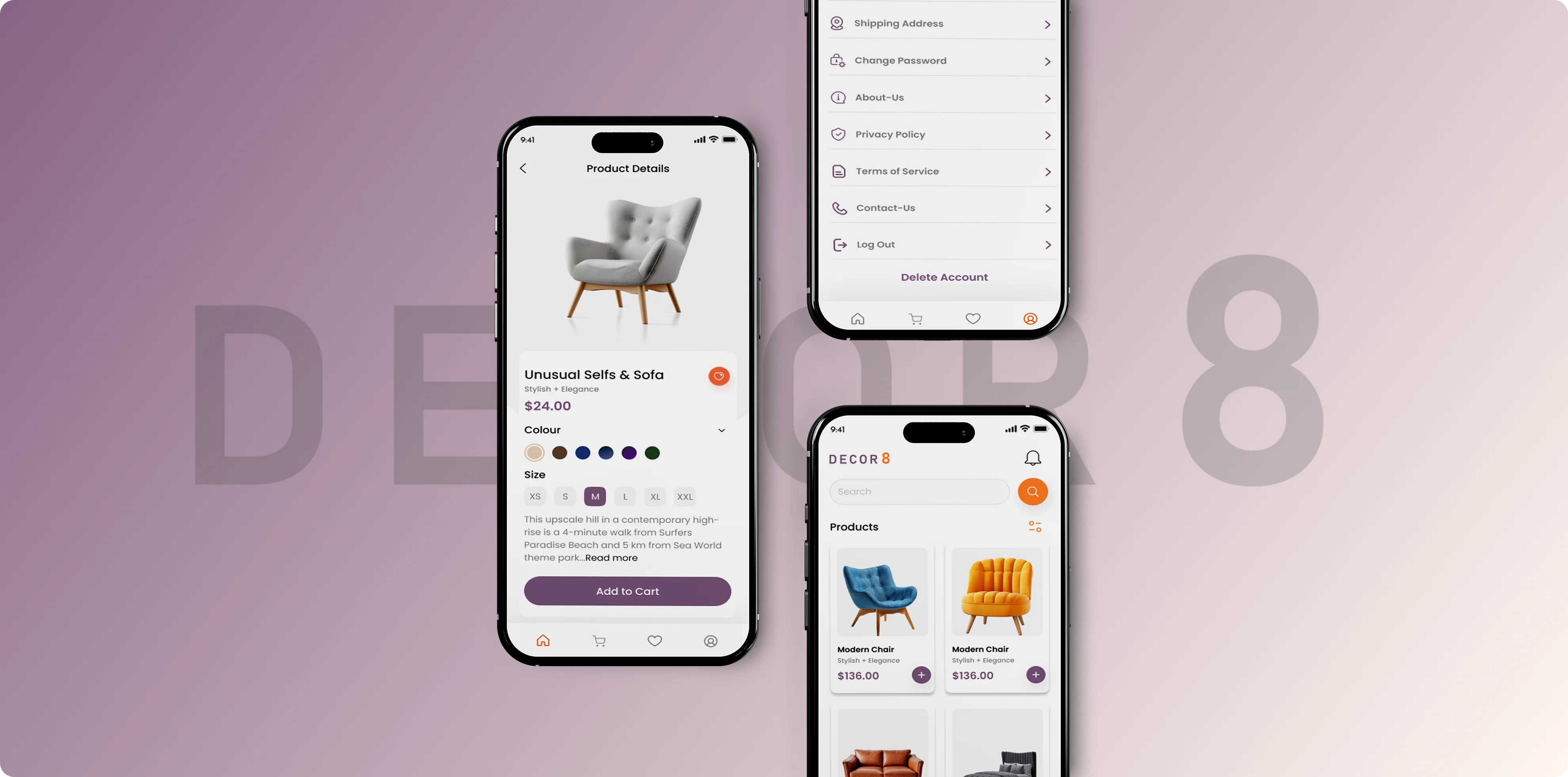 Decor 8 mobile app login and shopping cart screens