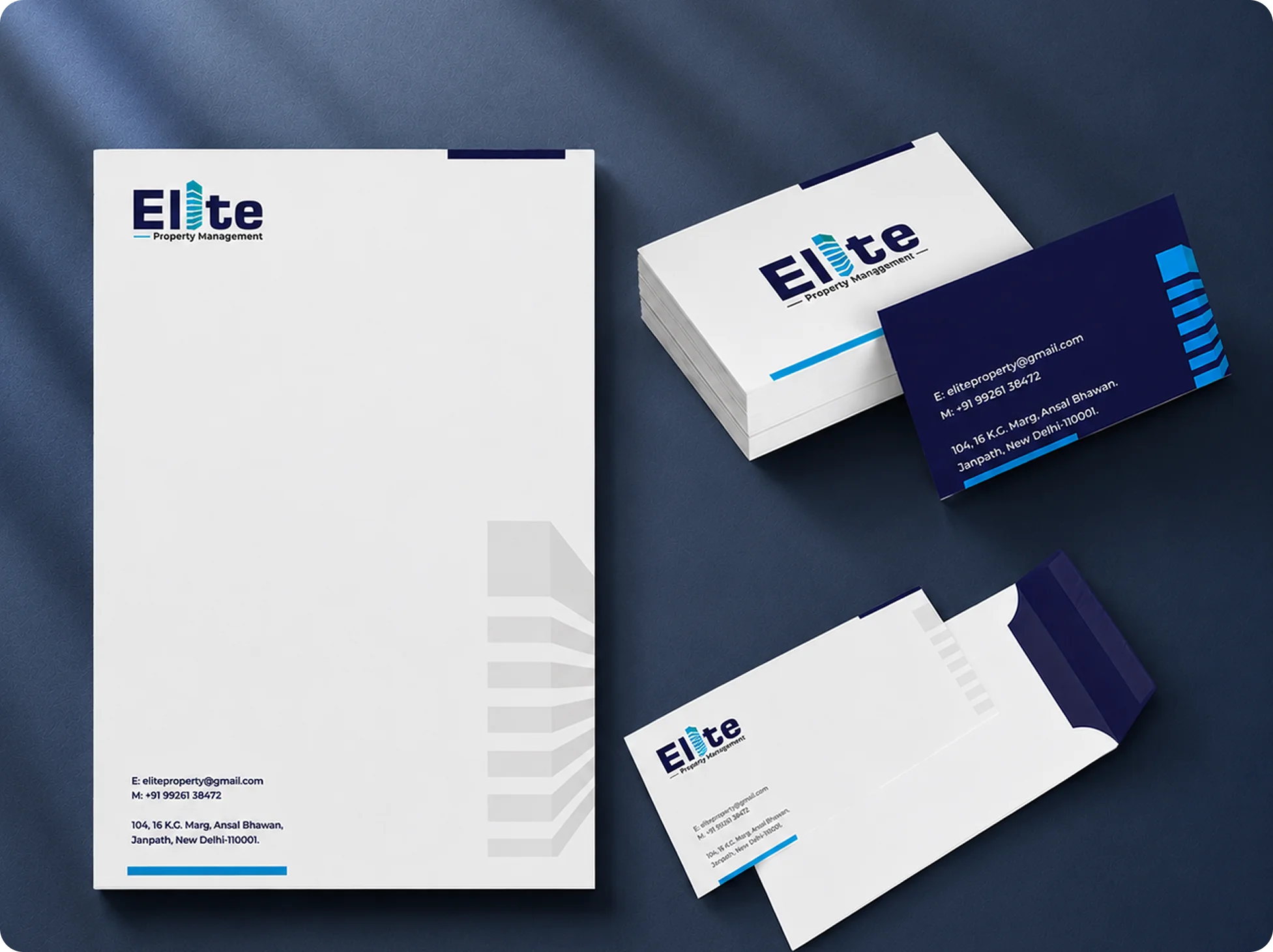 Elite Property Management branding stationery with letterhead, business cards, and envelope