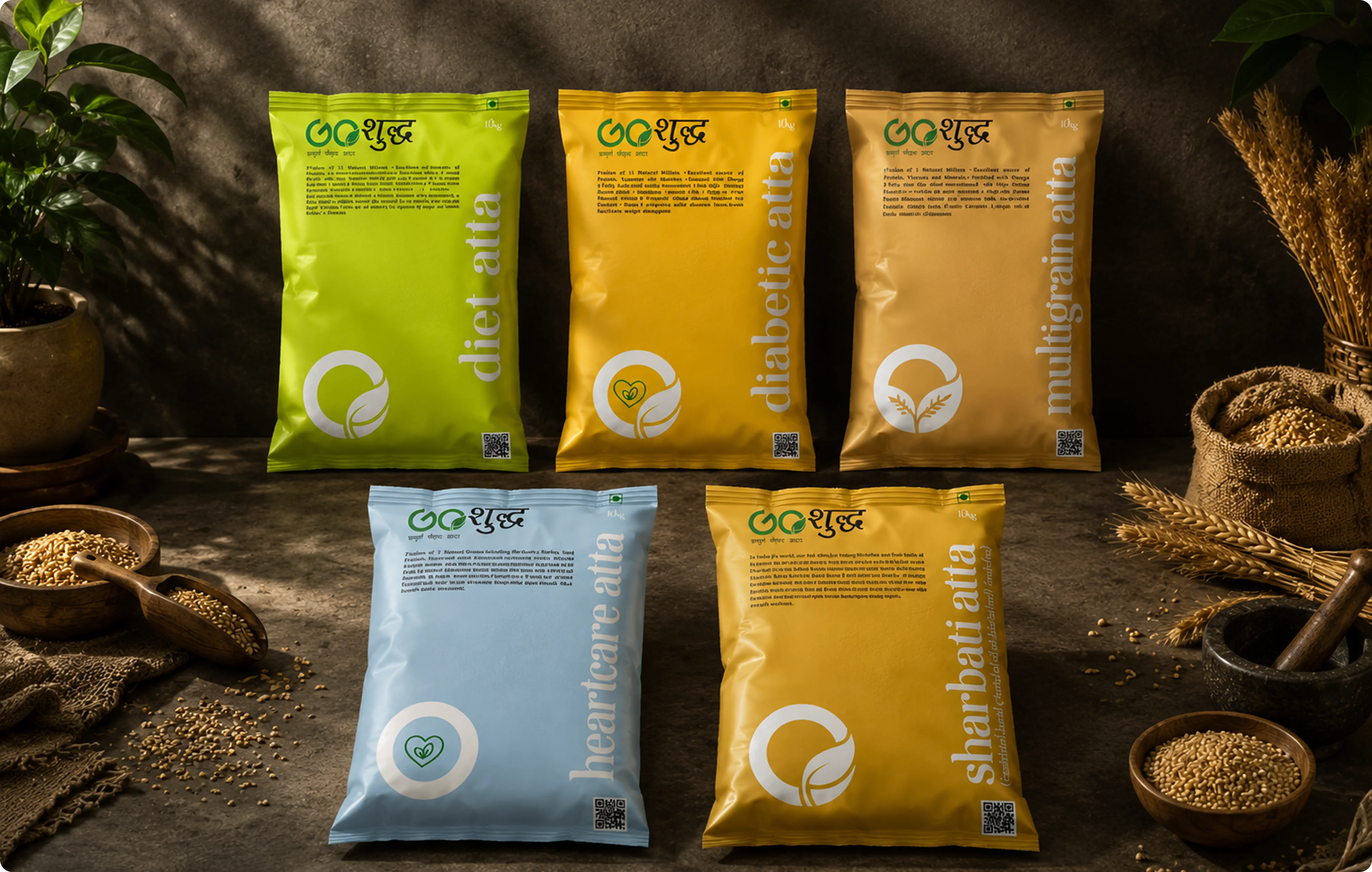 Go Shudh complete product range — diet, diabetic, multigrain, heartcare and sharbati atta