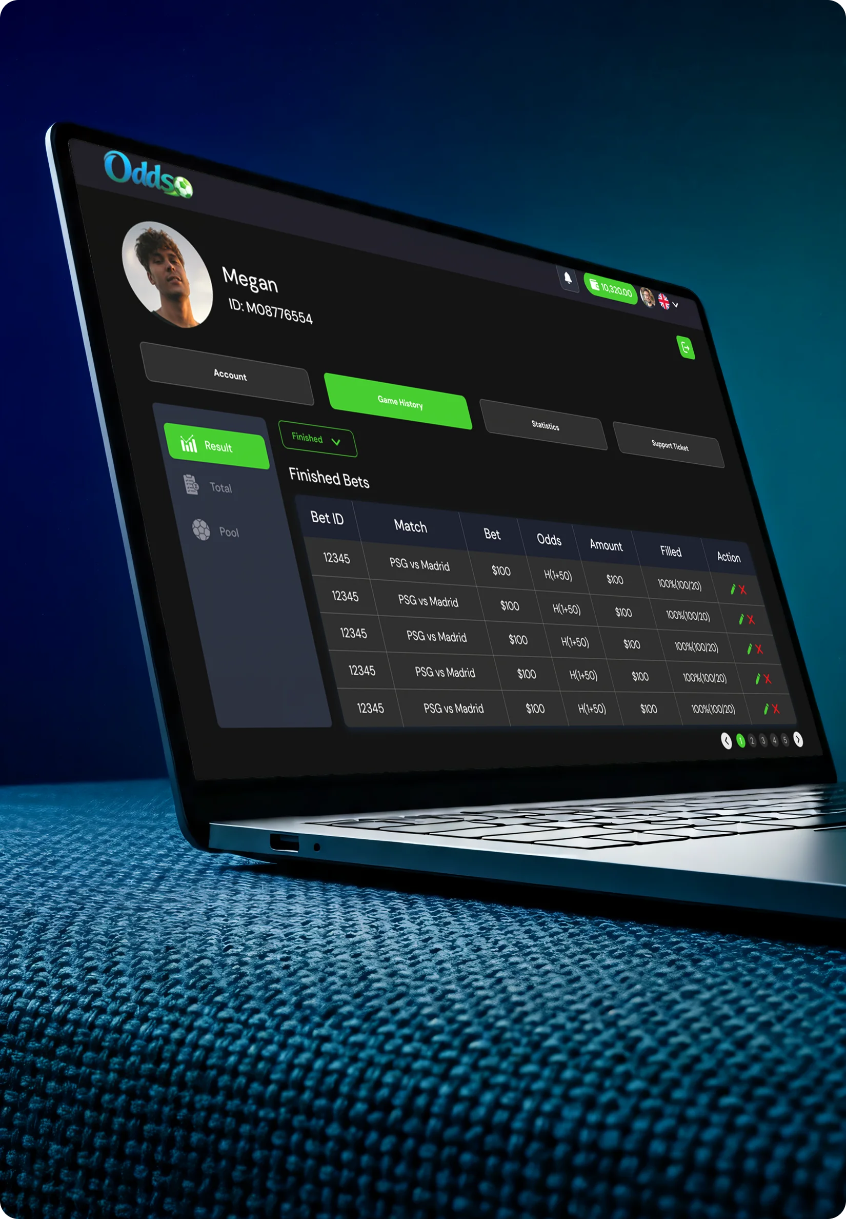 Football betting platform bet slip and user account screens