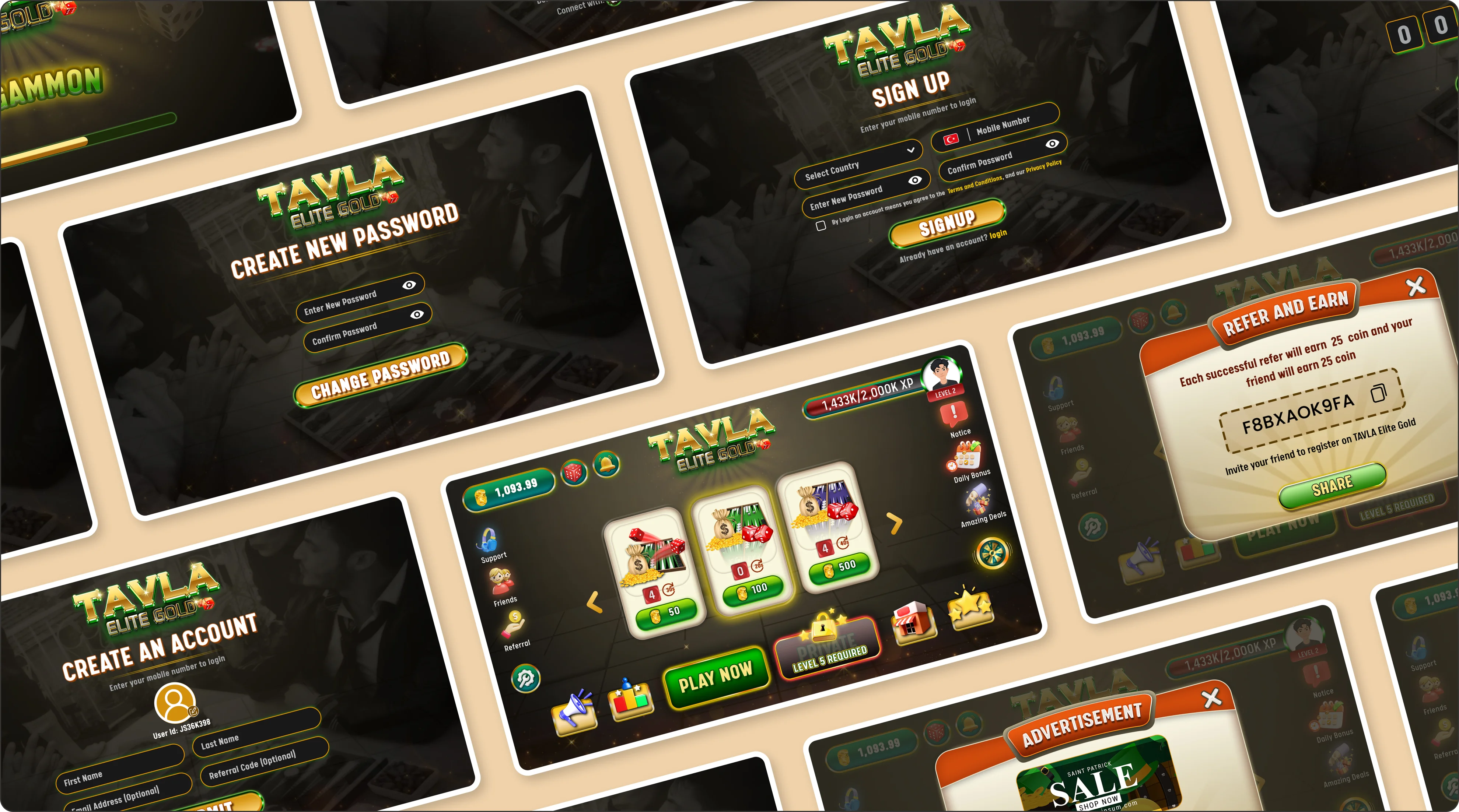 Backgammon game UI screens collage showing login, signup, dashboard, and referral interfaces