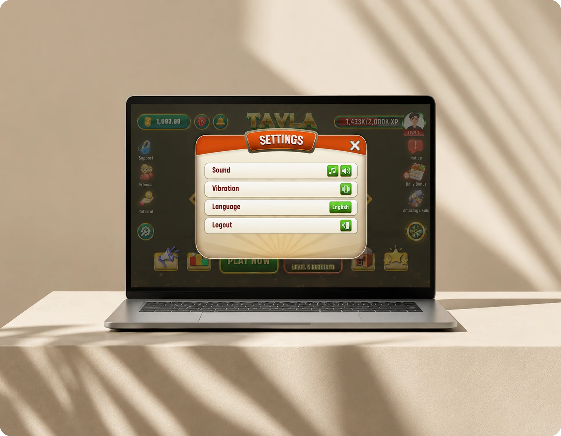 Backgammon game settings screen with sound, vibration, language, and logout options