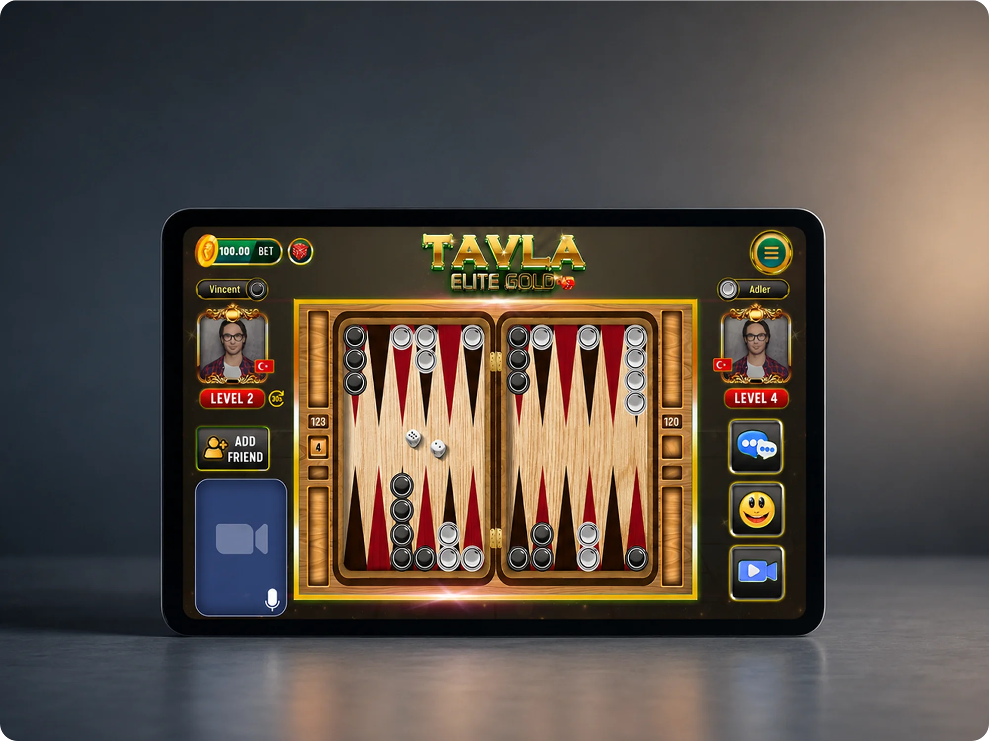 Backgammon in-game board with player avatars, levels, and interactive game pieces