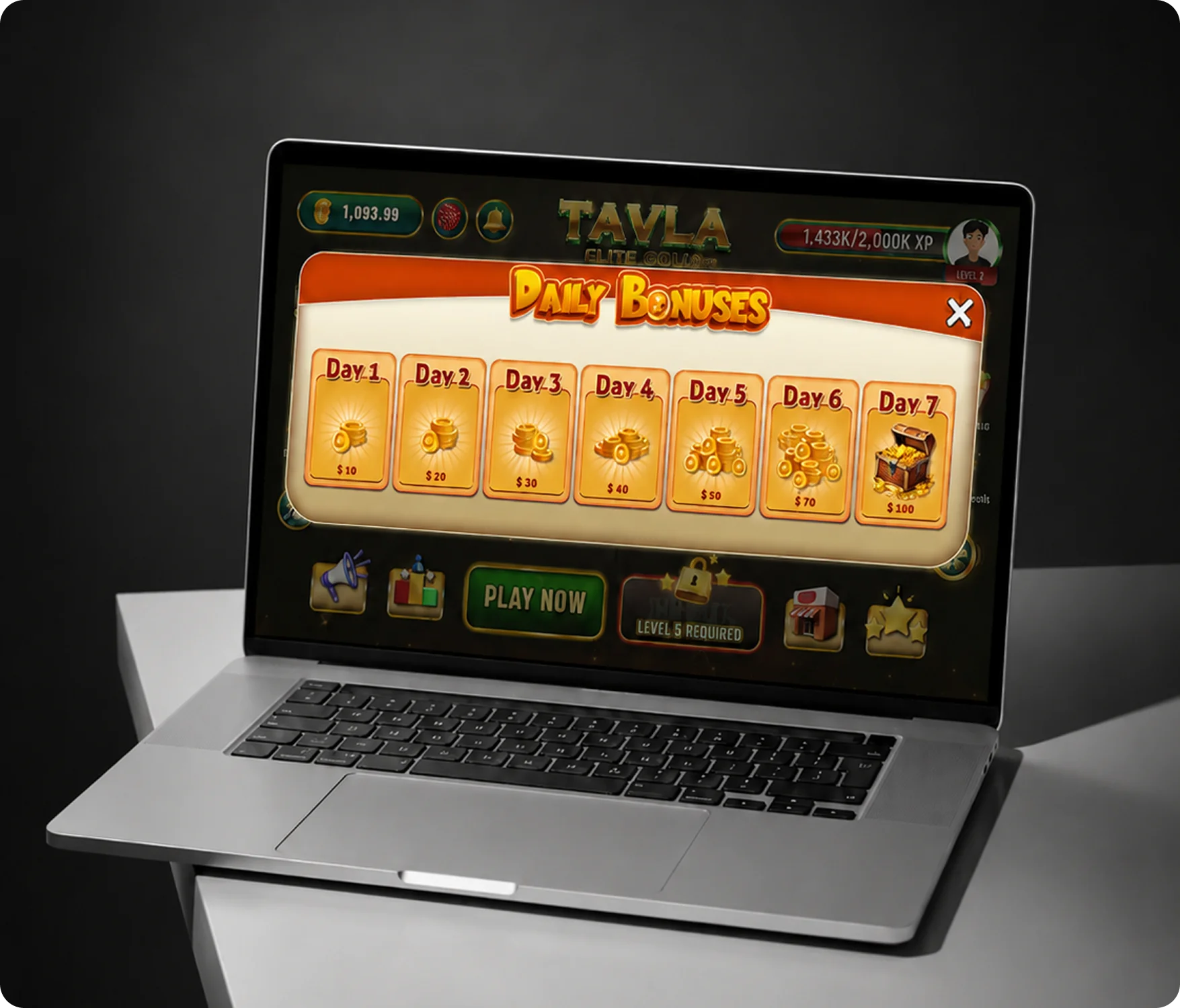 Backgammon daily bonuses screen with seven-day reward calendar