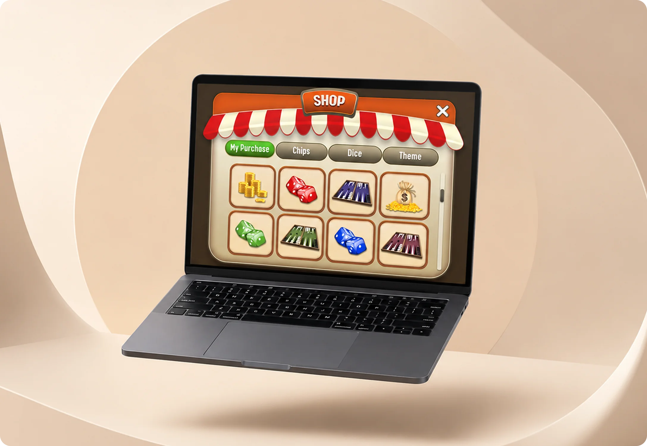 Backgammon in-game shop with chips, dice, and theme purchase options