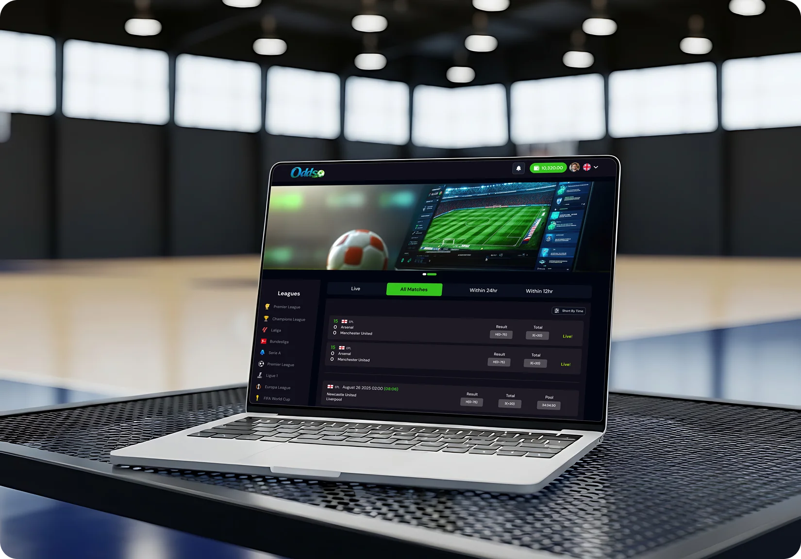 Football betting platform match statistics and betting markets screen
