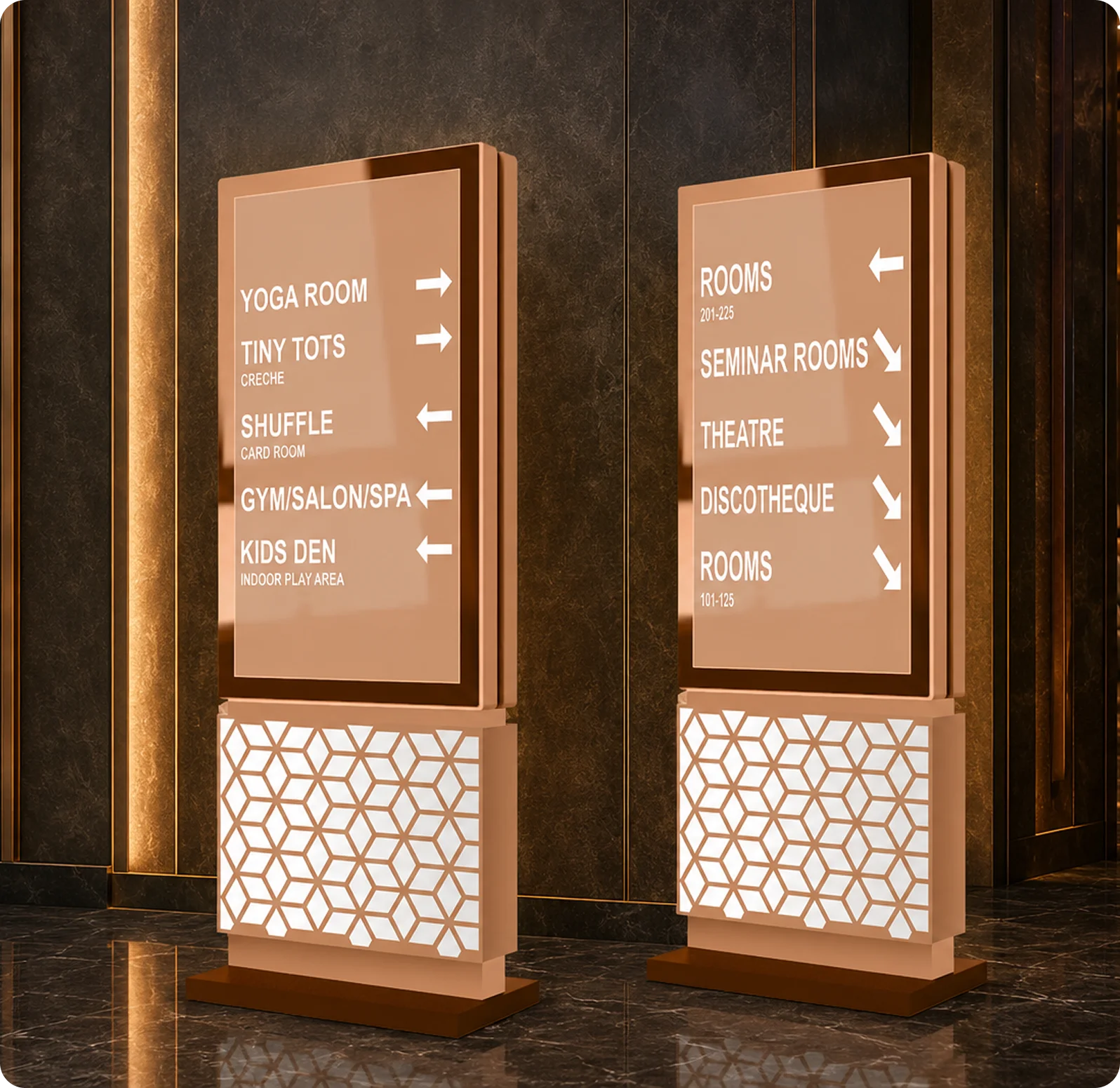 The Iscon Club premium wayfinding signage with gold accents