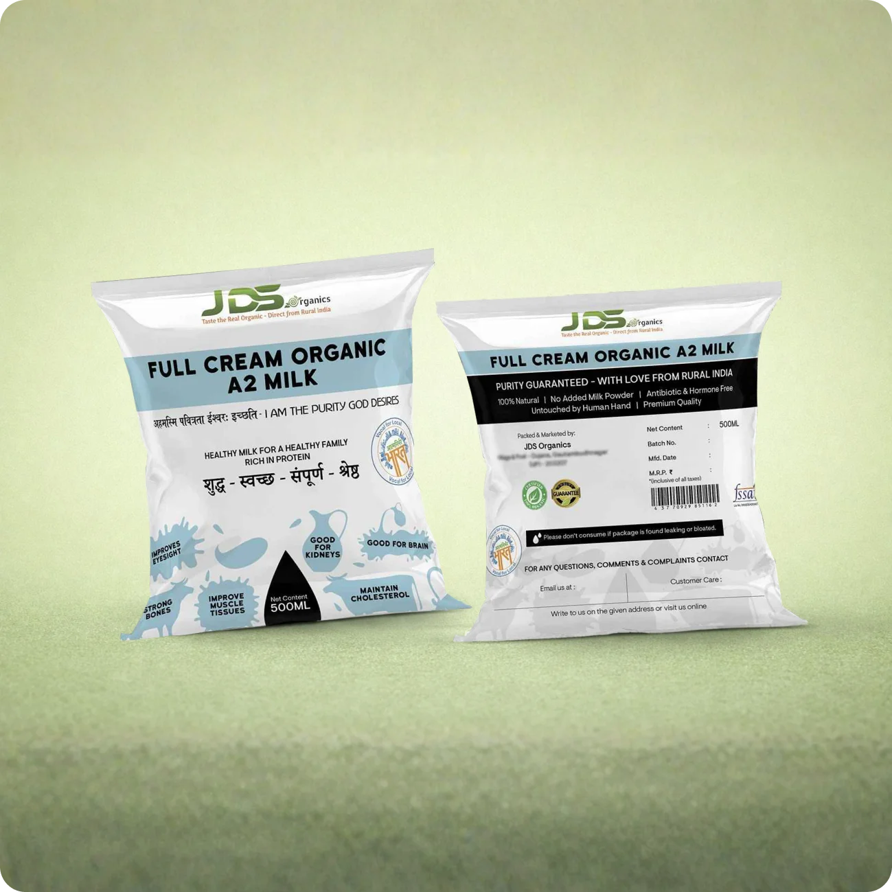 JDS Organics Full Cream A2 Milk packaging design