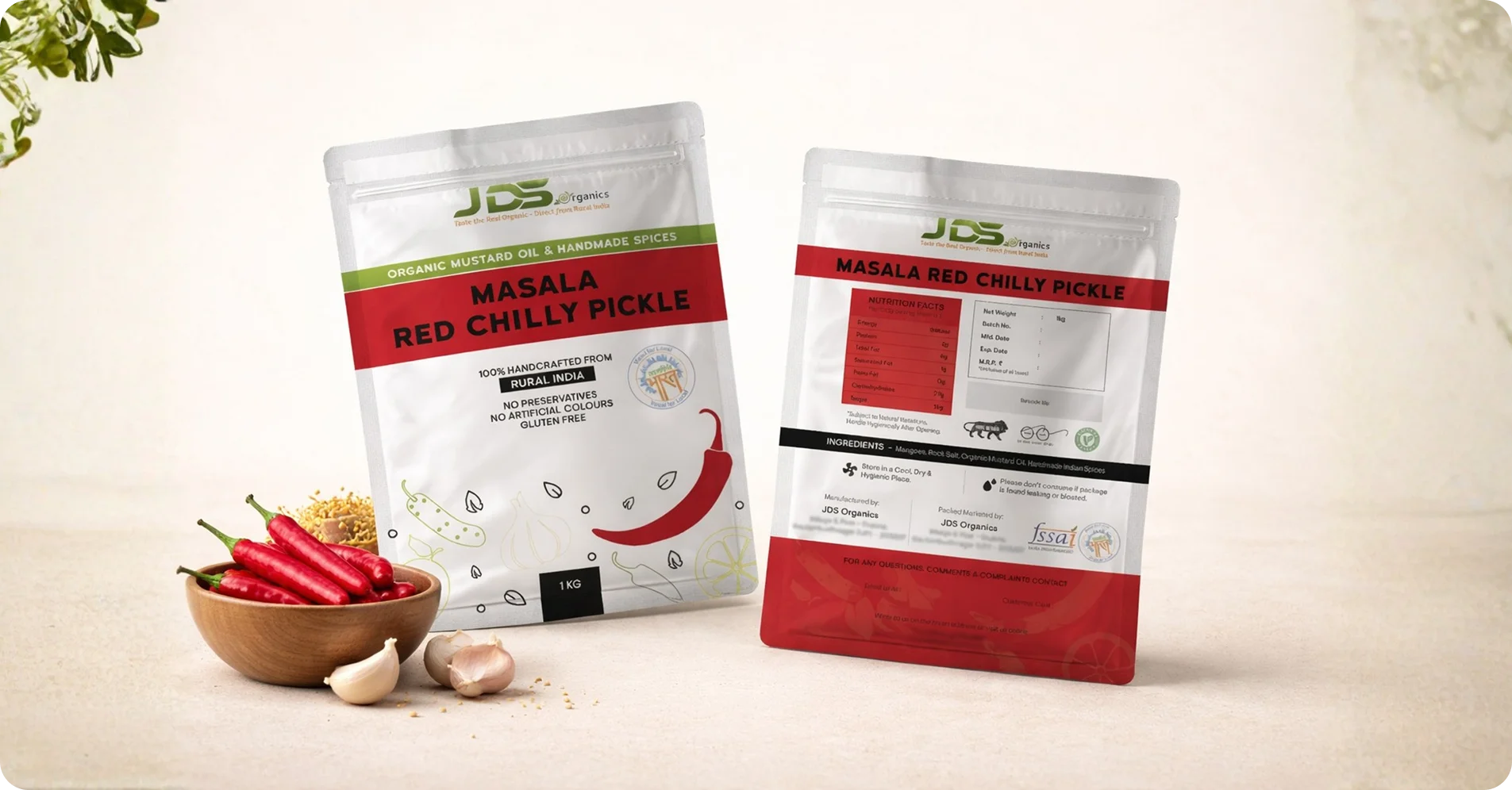 JDS Organics Masala Red Chilli Pickle packaging design