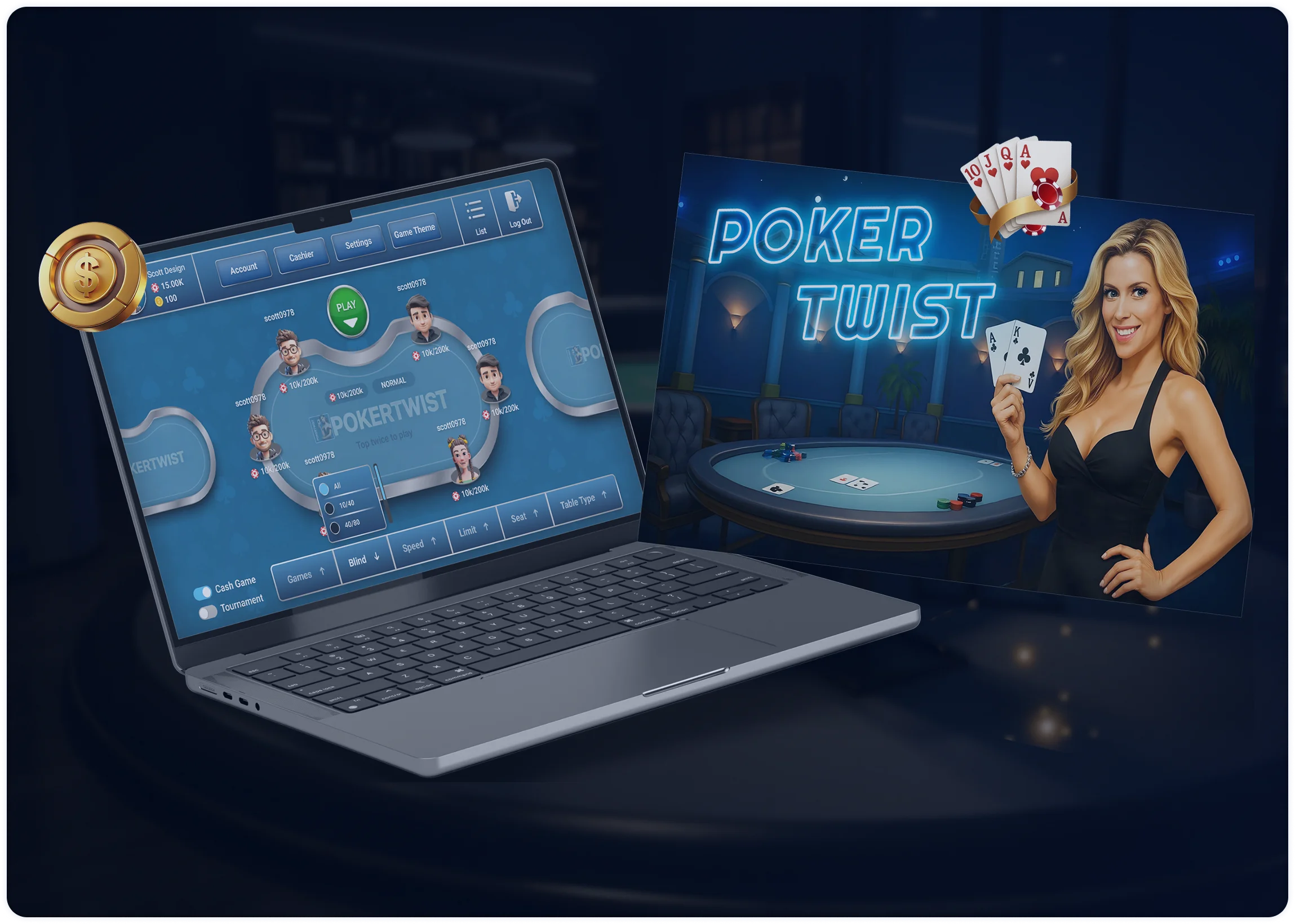 Pokertwist game lobby interface displayed on laptop with poker chips and cards