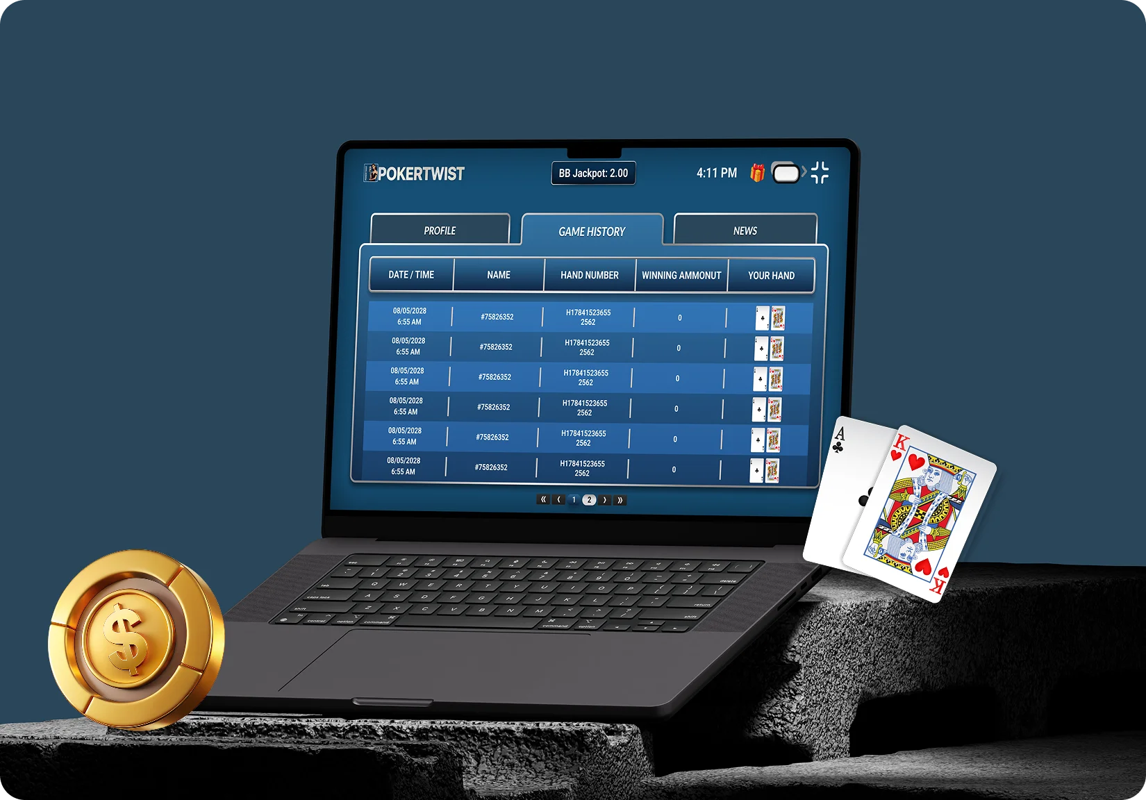 Pokertwist game history and leaderboard screen on laptop