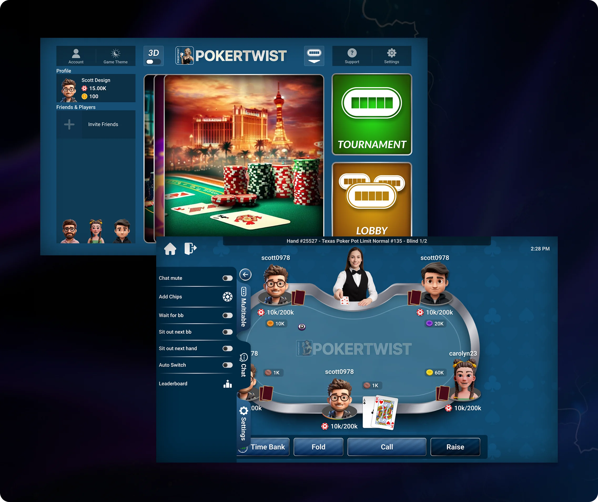 Pokertwist tournament lobby and live game table with player avatars