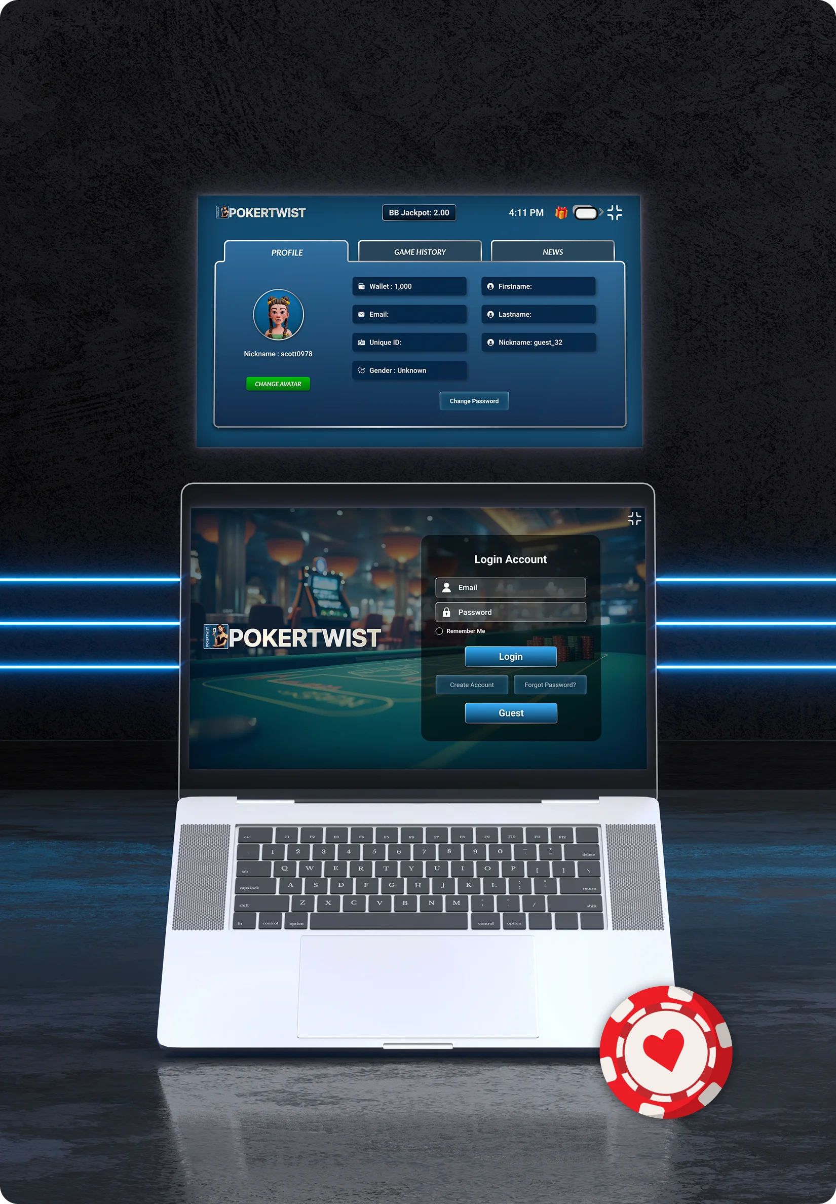 Pokertwist login and profile account screens on laptop with poker chips