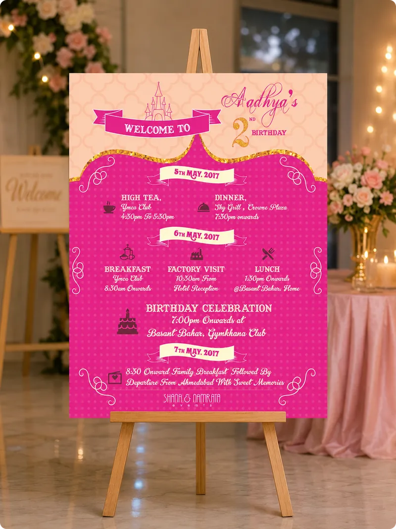 Aadhya's 2nd birthday itinerary board on an easel, listing three days of celebrations