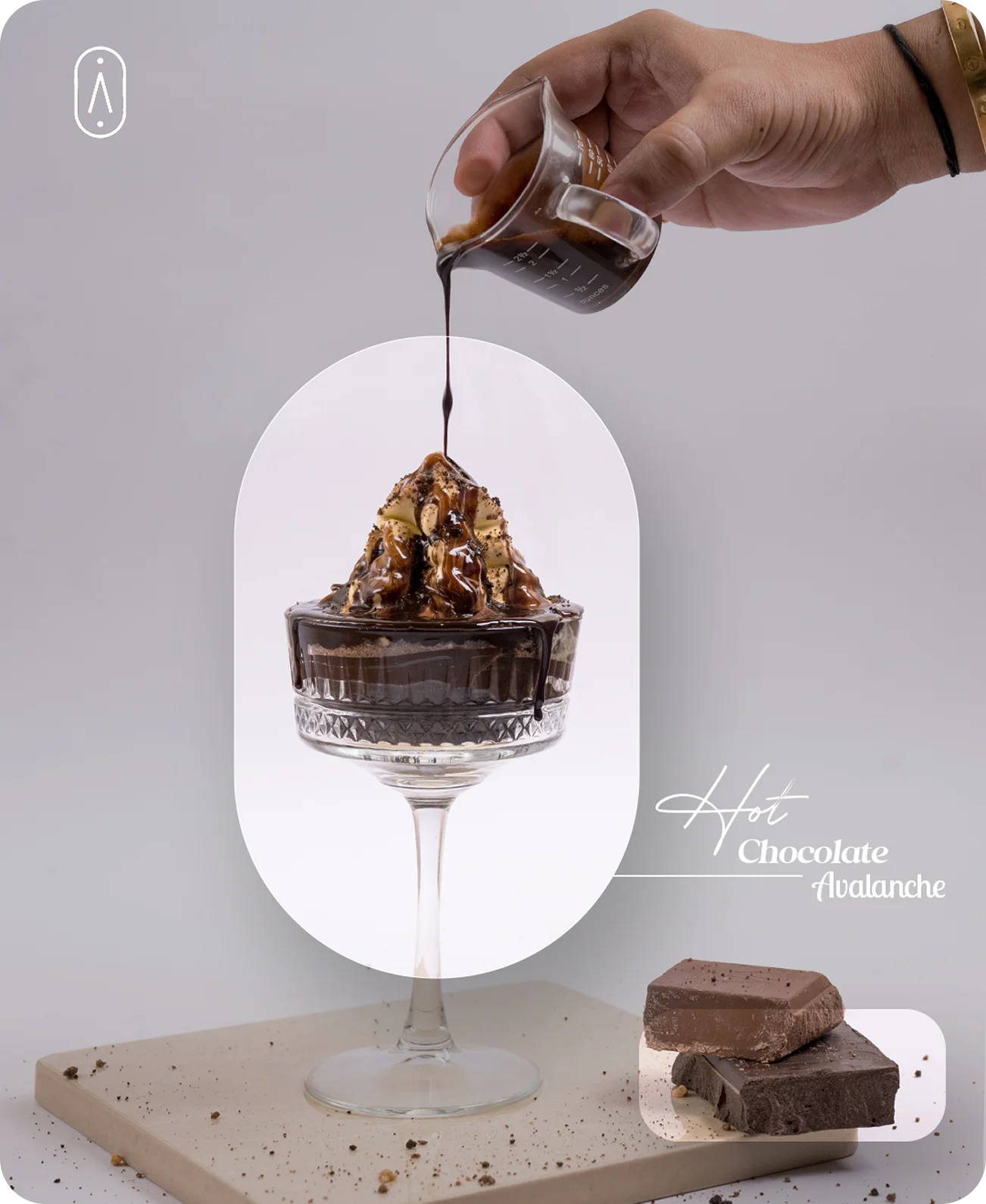 Hot Chocolate Avalanche dessert with pouring chocolate