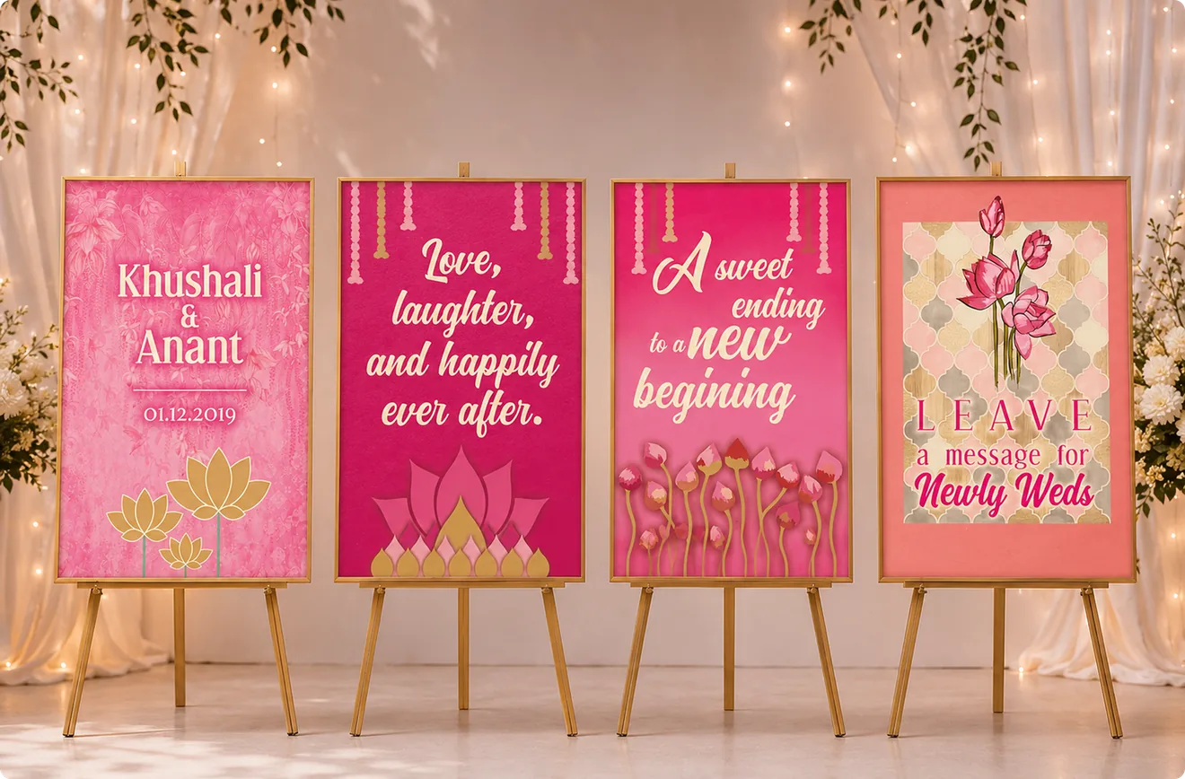 Four pink Anant & Khushali wedding signs on easels, including a guest message board