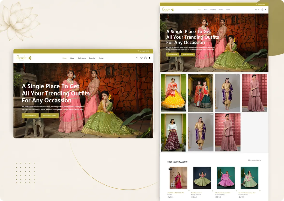 Baide ecommerce website interface showing the bridal outfit collection