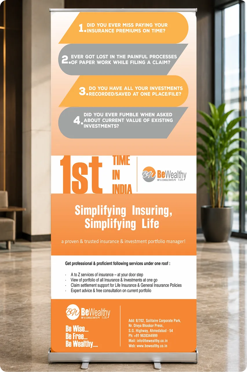 BeWealthy roll-up standee with the tagline Simplifying Insuring, Simplifying Life