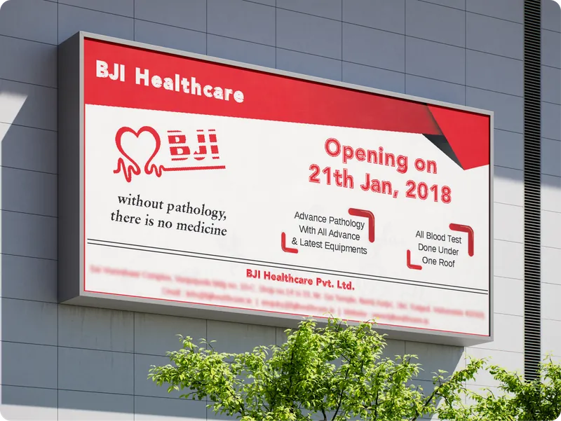 BJI Healthcare opening announcement billboard in red and white