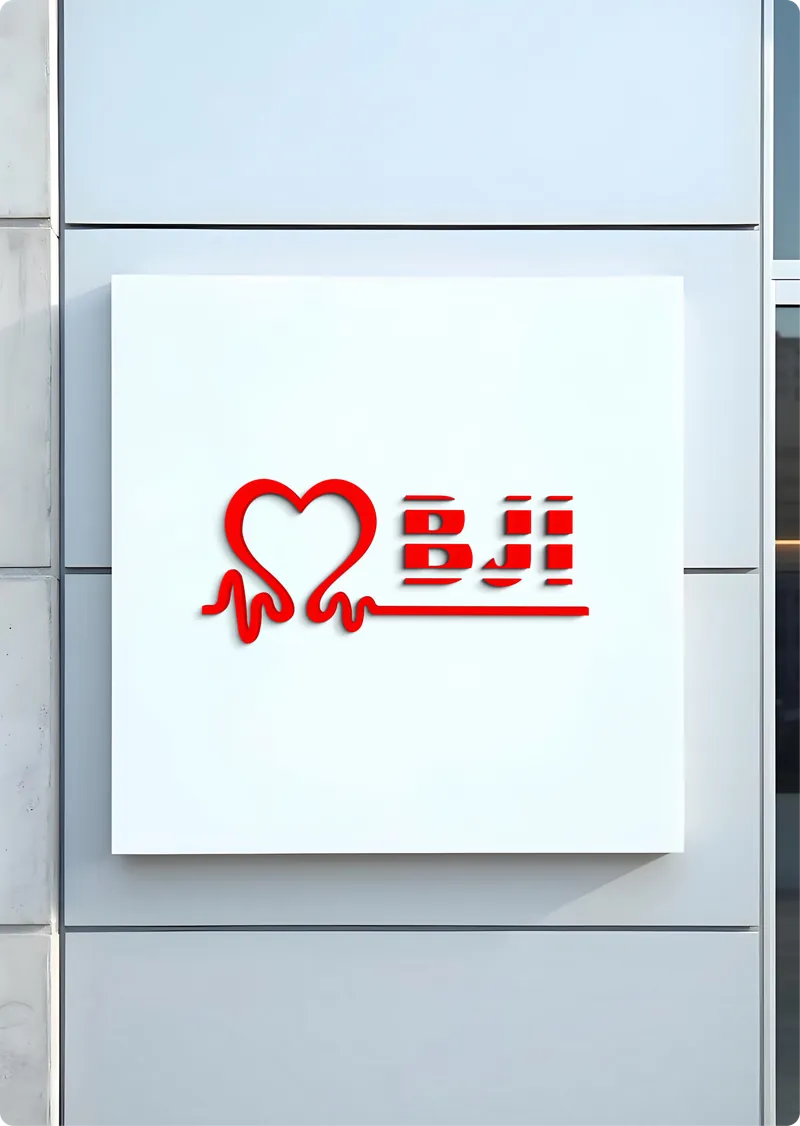 BJI Health Care heart and heartbeat logo on a white sign mounted on a grey building wall