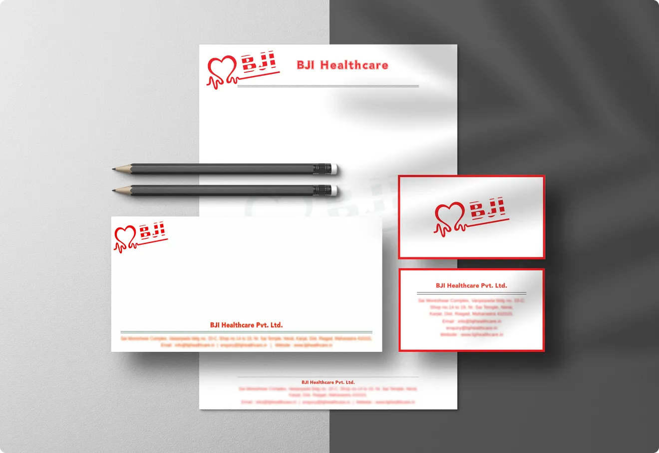 BJI Healthcare stationery: letterhead, envelope, business cards and pencils