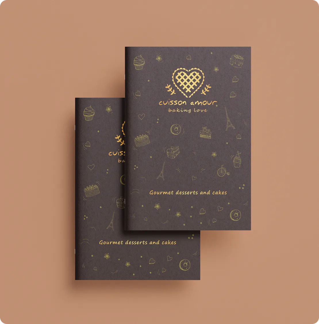 Cuisson Amour menu covers with gold heart logo and Gourmet desserts and cakes