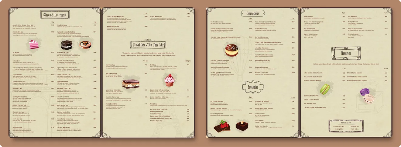 Cuisson Amour open menu pages listing gateaux, tea-time cakes, cheesecakes, brownies and macarons