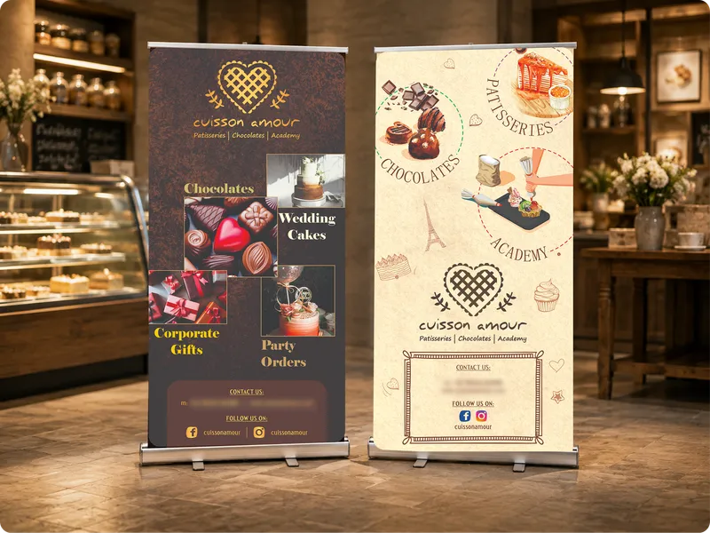 Cuisson Amour roll-up standees for patisseries, chocolates and academy in a bakery
