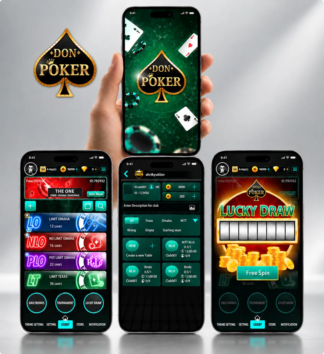 Don Poker app screens on four phones: gold spade splash screen, game lobby, club tables and Lucky Draw free spin