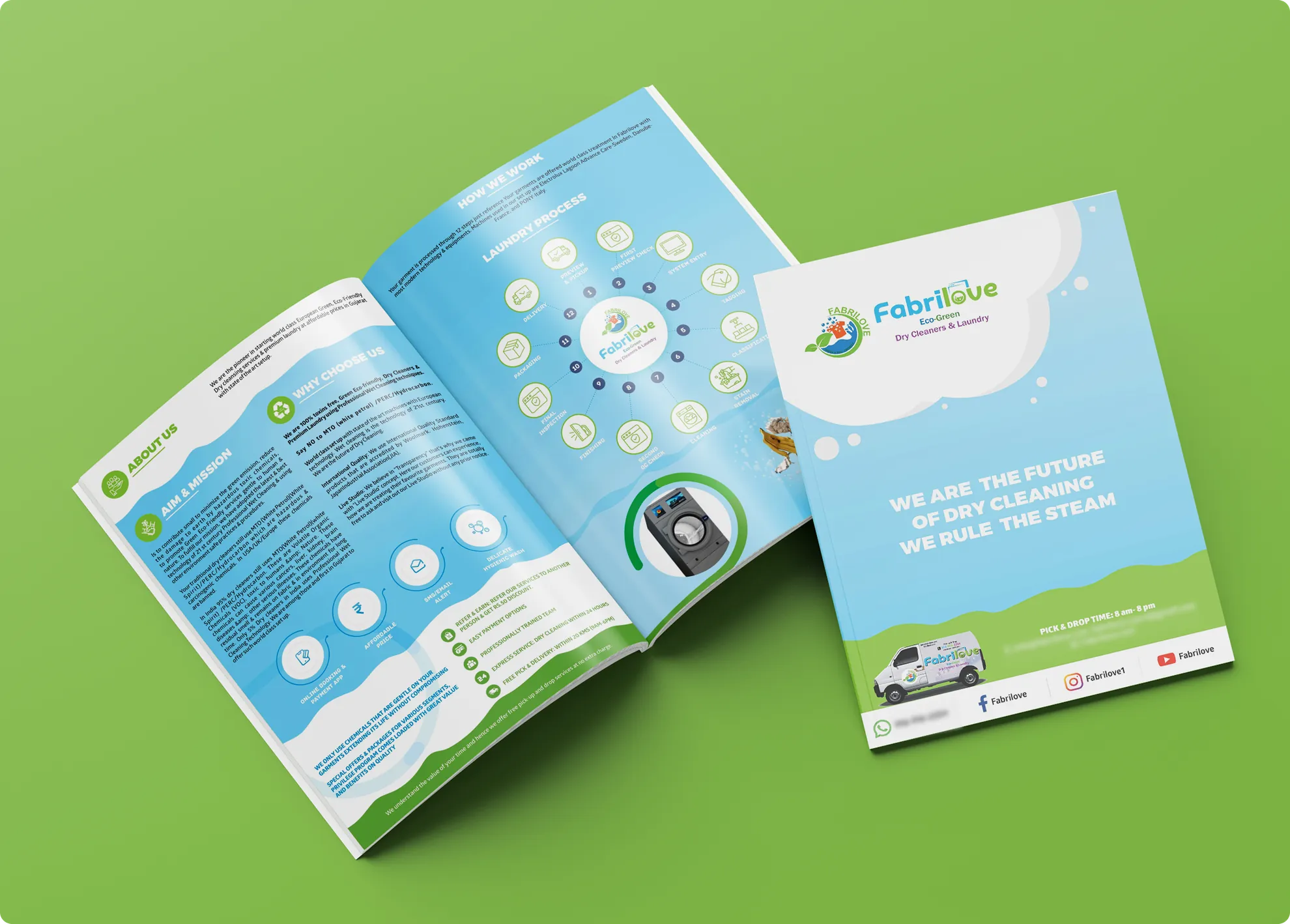 Fabrilove open brochure spread showing the dry cleaning service pages and cover