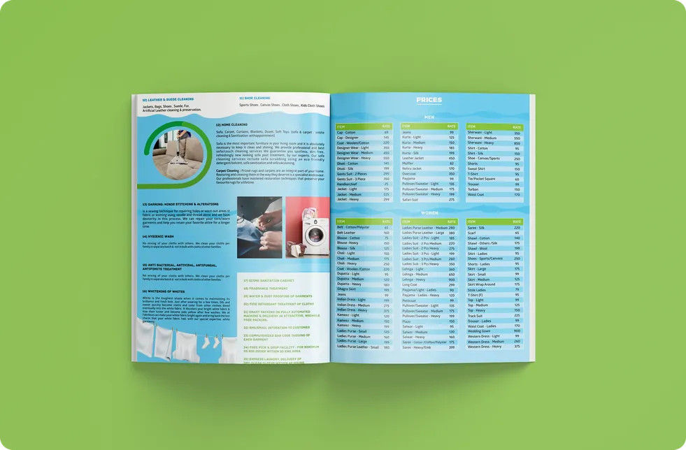 Fabrilove brochure inner pages showing service listings and pricing tables