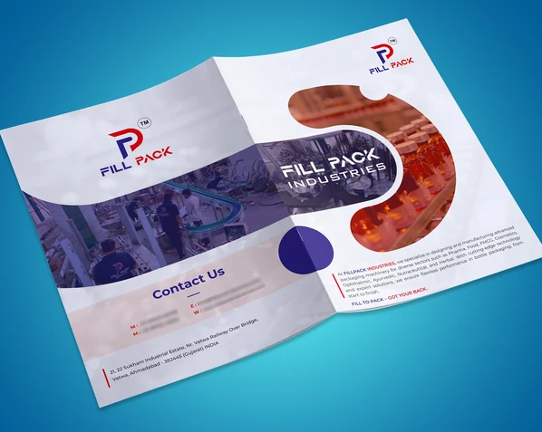 Fill Pack Industries bi-fold brochure closed showing front cover with logo and brand identity