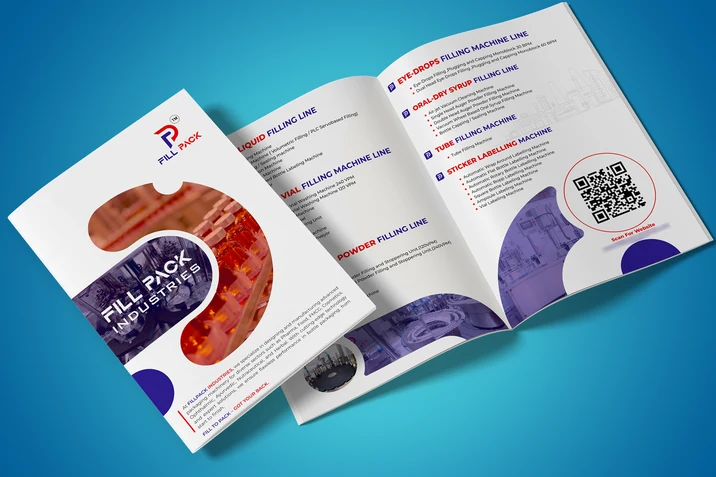 Fill Pack Industries bi-fold brochure open spread showing product catalogue and machinery listing