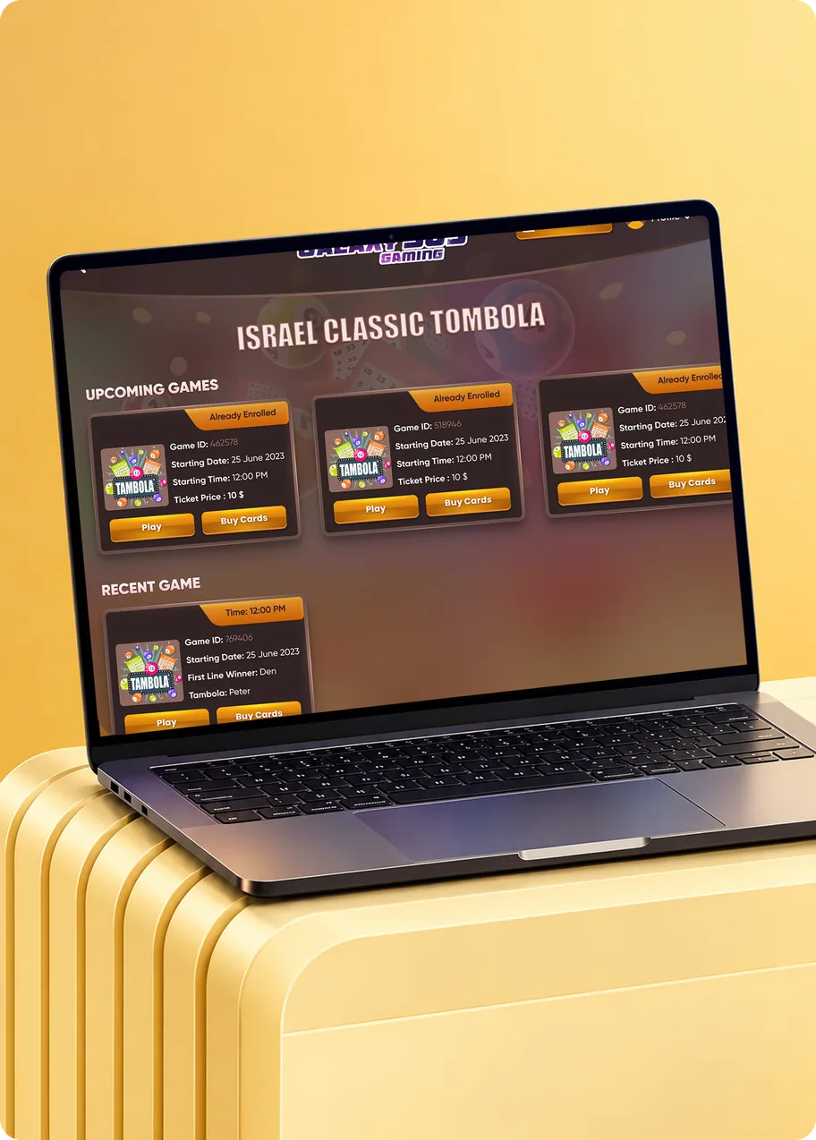 Galaxy 365 Israel Classic Tombola screen on a laptop, listing upcoming and recent games