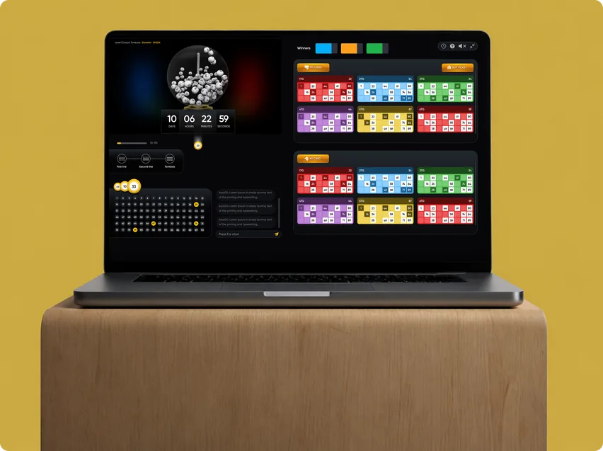 Galaxy 365 live tombola draw on a laptop, with a countdown timer, the ball drum and colour-coded number cards