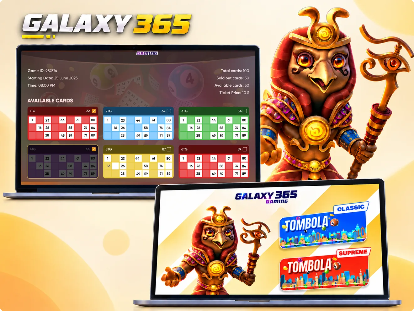 Galaxy 365 tombola screens on two laptops: numbered game cards and a Classic or Supreme game choice, beside a falcon-headed mascot