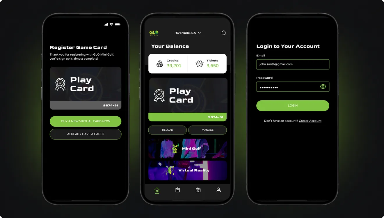 GLO app screens: register game card, account balance with credits and tickets, and login