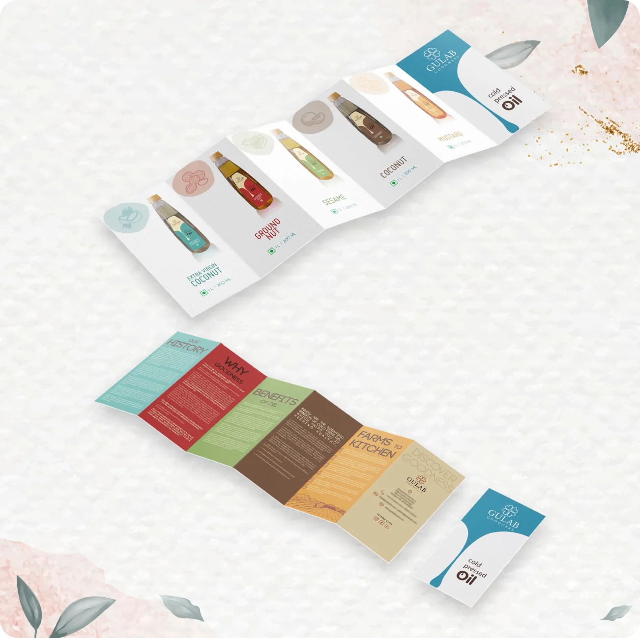 Gulab Oil folded brochure design with colorful panels