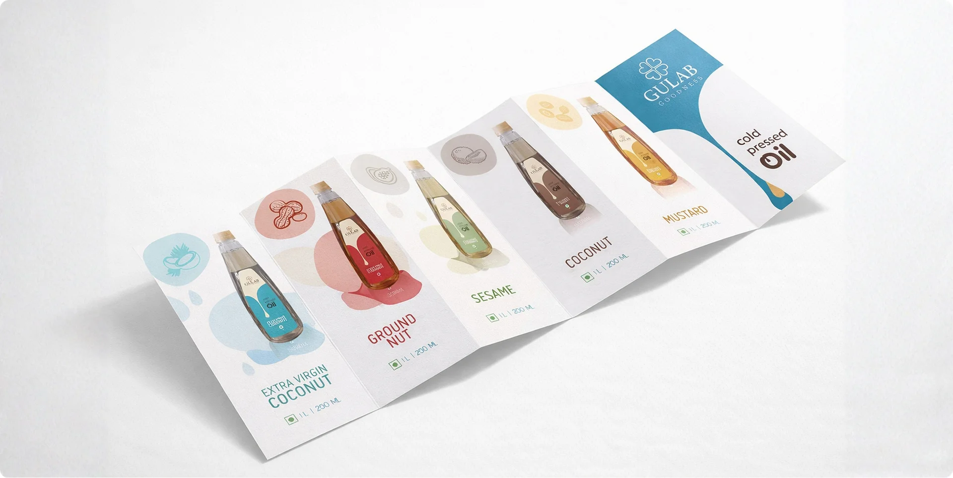 Gulab Oil five-panel brochure spread showing all cold pressed oil variants