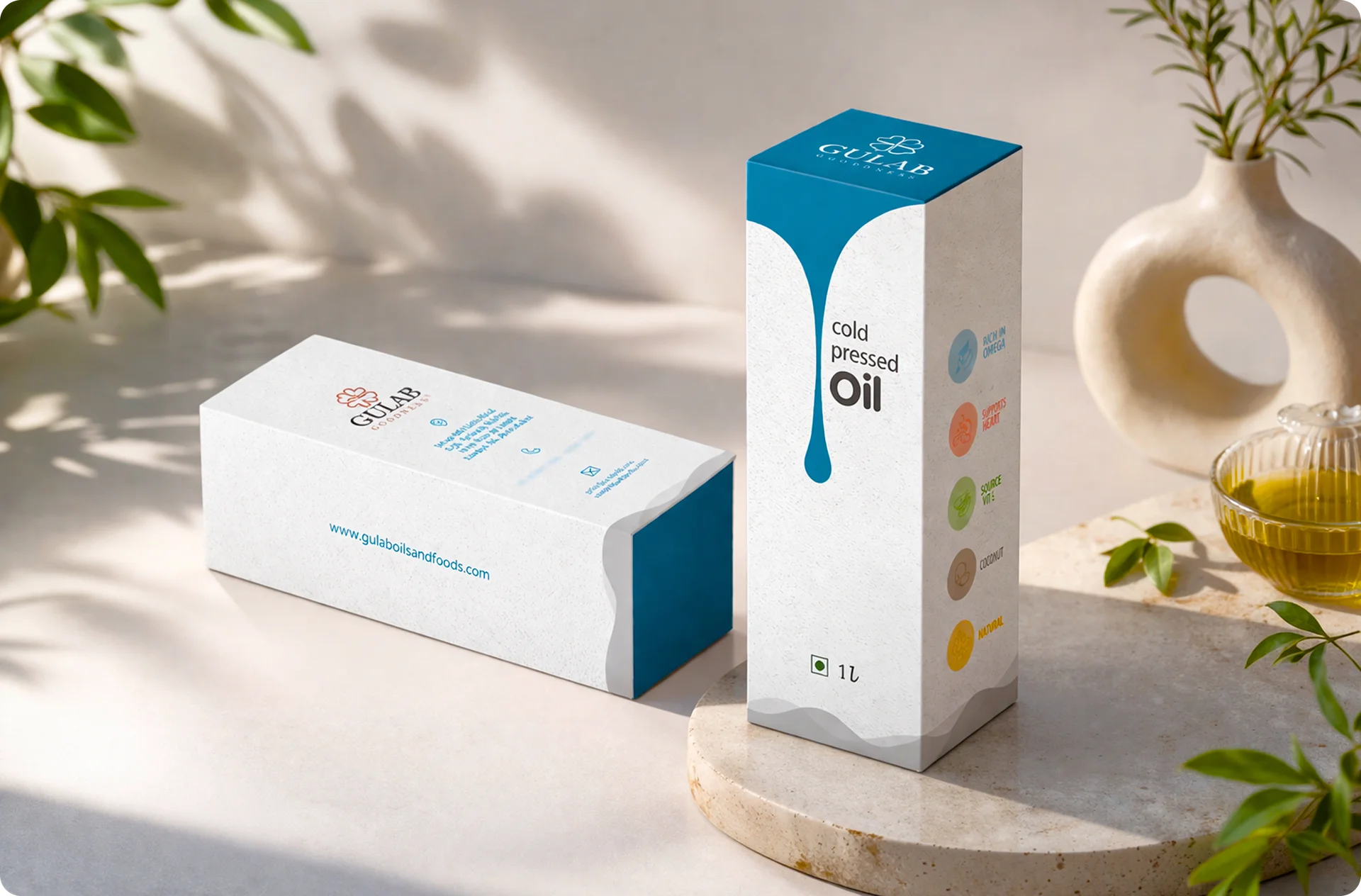 Gulab Oil cold pressed oil bottle and box packaging mockup
