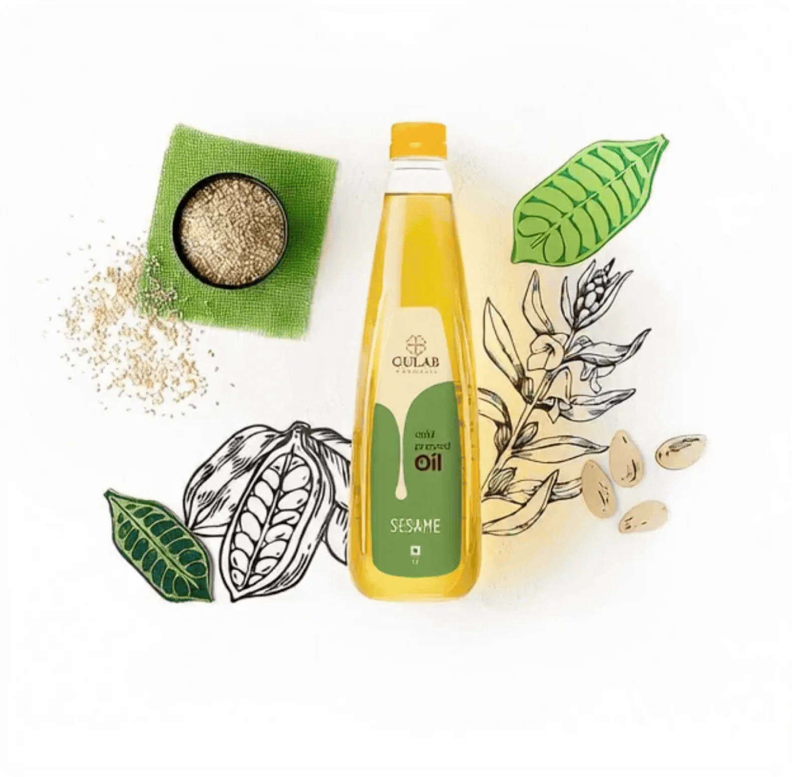 Gulab Oil sesame cold pressed oil bottle with botanical illustration