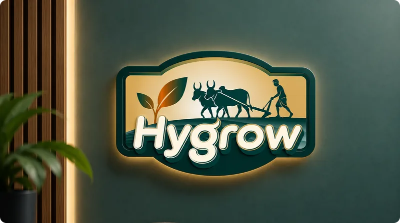 Backlit Hygrow logo sign with a farmer and ox-drawn plough, mounted on a green wall