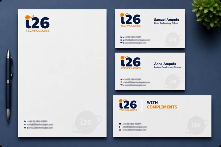 i26 Technologies full stationery set — letterhead, business cards, and compliment slip