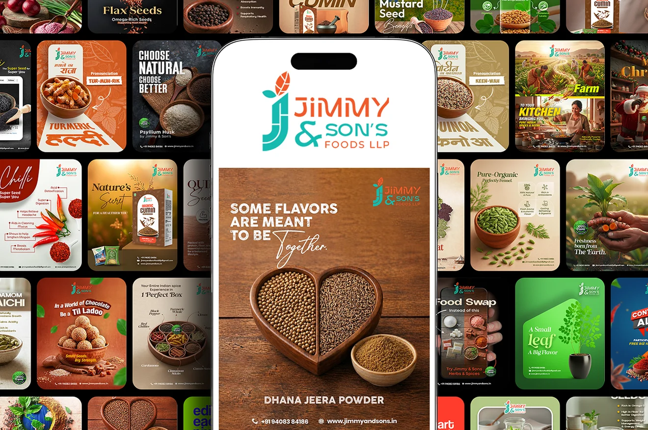Jimmy and Son's product showcase collage with spice packaging and mobile app design