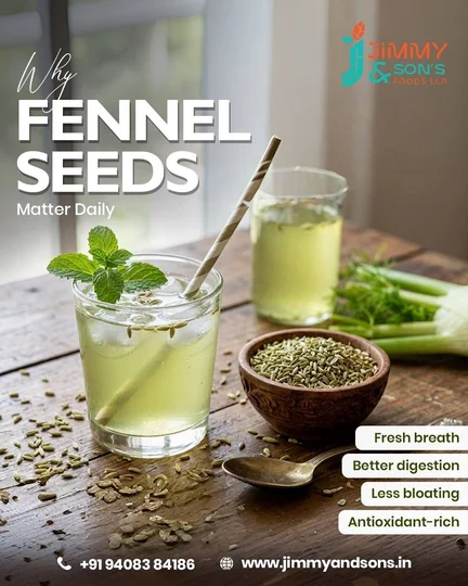 Jimmy and Son's Fennel Seeds product poster with refreshing drink